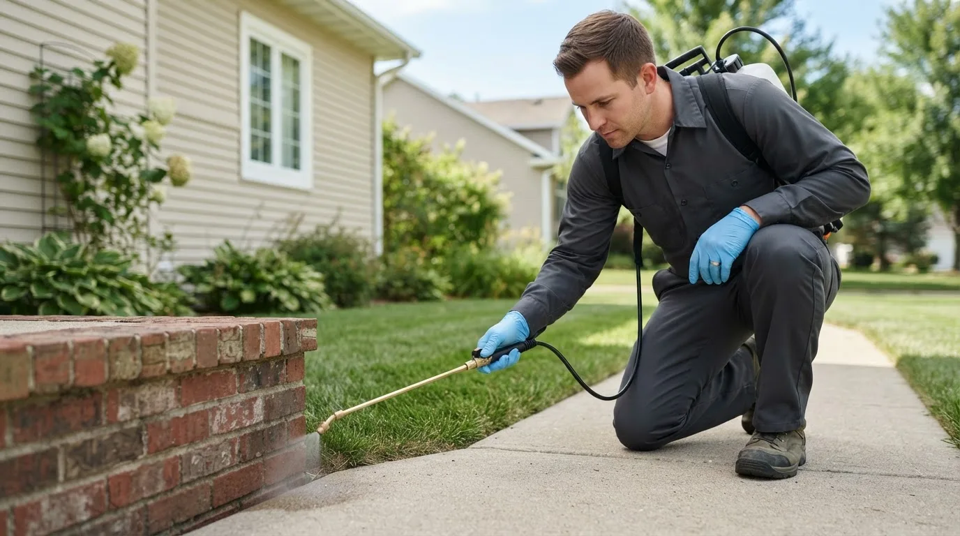 Pest control technician treating a home near Cadiz, OH