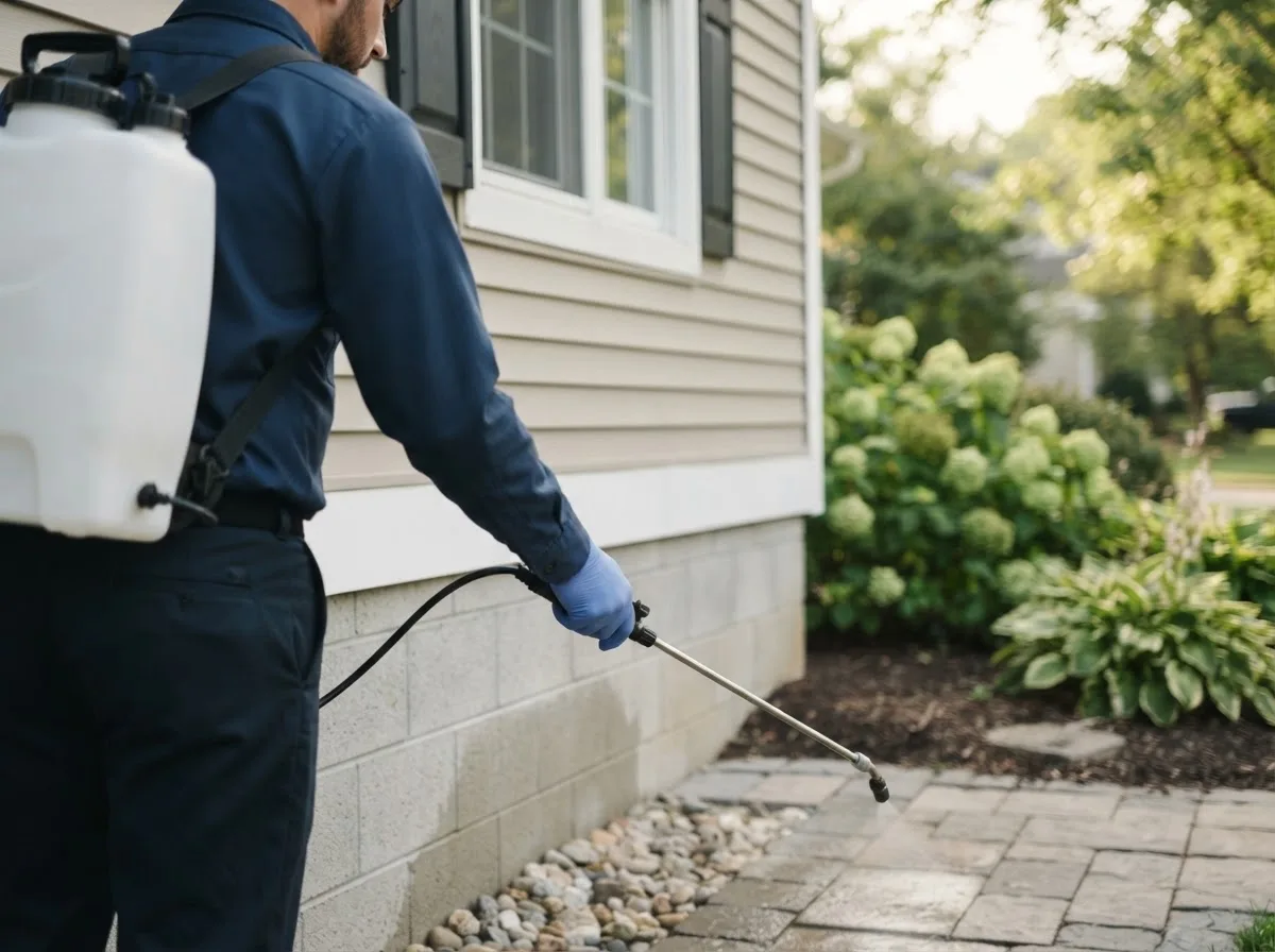 Pest control technician inspecting a home in Cadiz, OH
